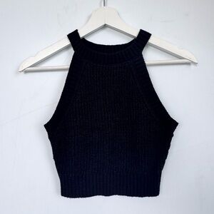Hunter & Brown Ribbed Knit Halter Crop Top Sweater Black Size Small